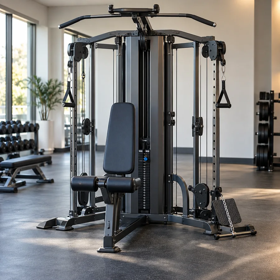 Universal multi-station weight machine in a modern gym